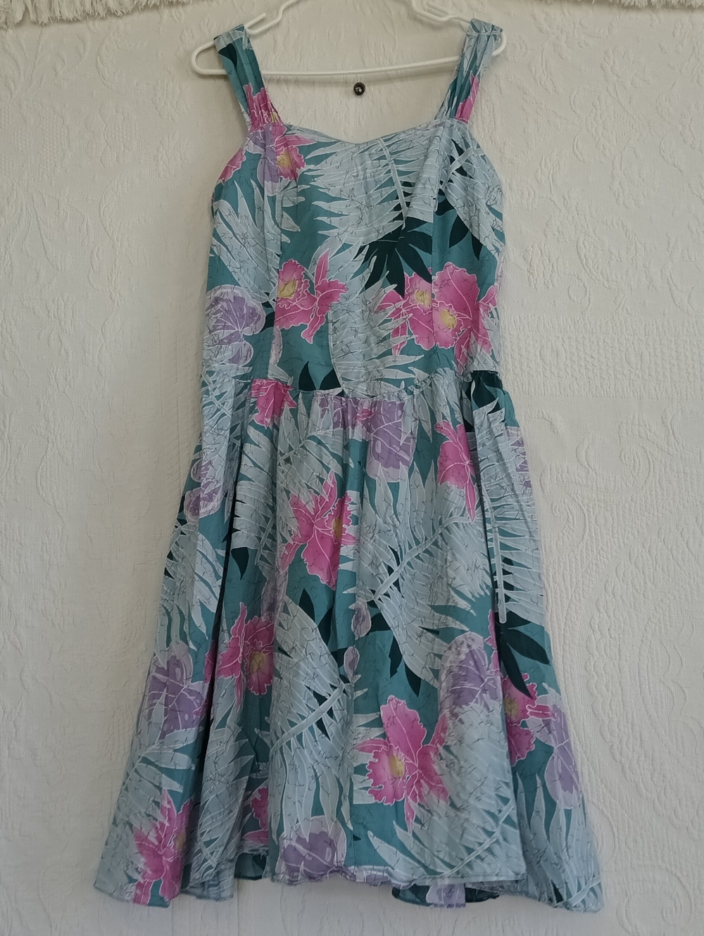 Hilo Hattie Teal Floral Midi Dress with Pink & Lavender Blooms Sun Dress Ruched - Picture 14 of 14